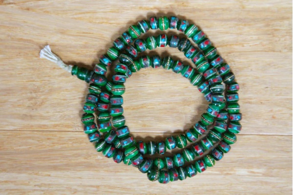 Yak Bone Medicine Beads Mala Green Inlaid with Coral & Turquoise
